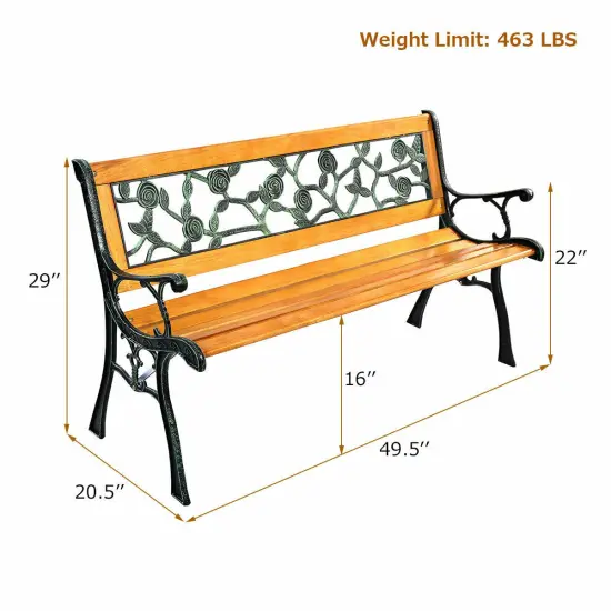 Costway Patio Park Garden Bench Porch Chair Outdoor Deck Cast Iron Hardwood Rose {2}