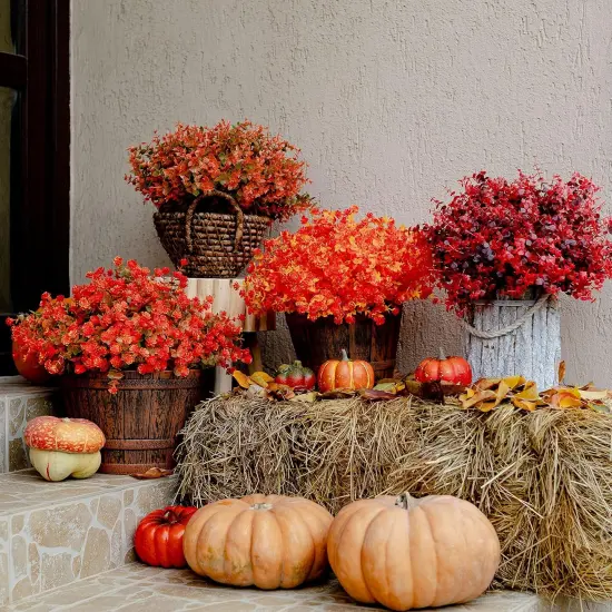 Artificial Mums Flowers Outdoor Plastic Plants - 12 Bundles {5}