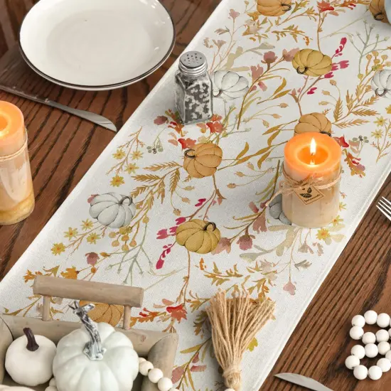 Wildflowers Bloom Floral Pumpkin Leaves 210 GSM Fall Table Runner,13x120 Inch {4}
