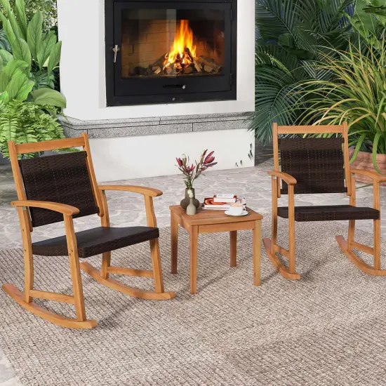 Costway 3PCS Patio Rattan Rocking Chair Bistro Set Acacia Wood Frame Armrest {4}
