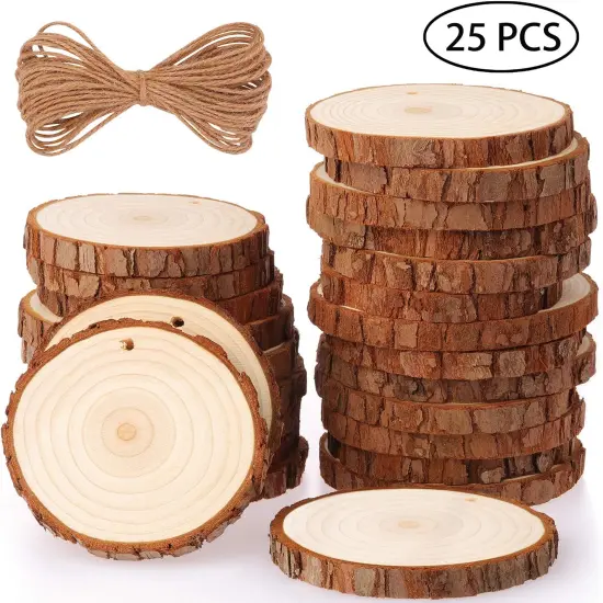 25PCS Predrilled Tree Wood Rounds &ndash; 3.1&ndash;3.5" Natural Unfinished Slices for Crafts, DIY & Holiday Ornaments {1}