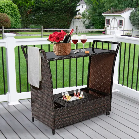 Costway Patio Rattan Bar Serving Cart Wheels Ice Bucket Glass Top Handle Garden {1}