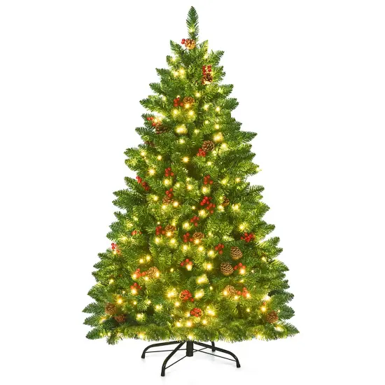 Costway 4.5Ft Pre-lit Hinged Christmas Tree w/ Pine Cones Red Berries and 300 LED Lights {1}