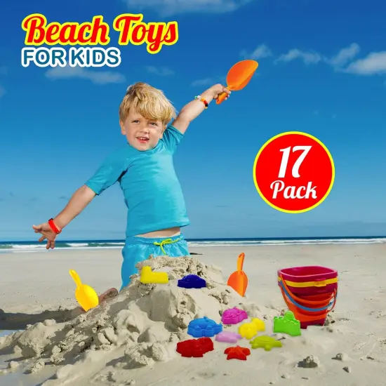 4E's Novelty 17 Pcs Beach Toys for Kids Travel - Sandcastle Building Kit 3 Collapsible Beach Bucket, 3 Shovels, 10 Sand Molds & Mesh Beach Bag, Collapsible Beach Toys for Kids {2}