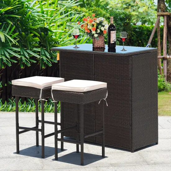 Costway 3PCS Patio Rattan Wicker Bar Table Stools Dining Set Cushioned Chairs Garden {3}