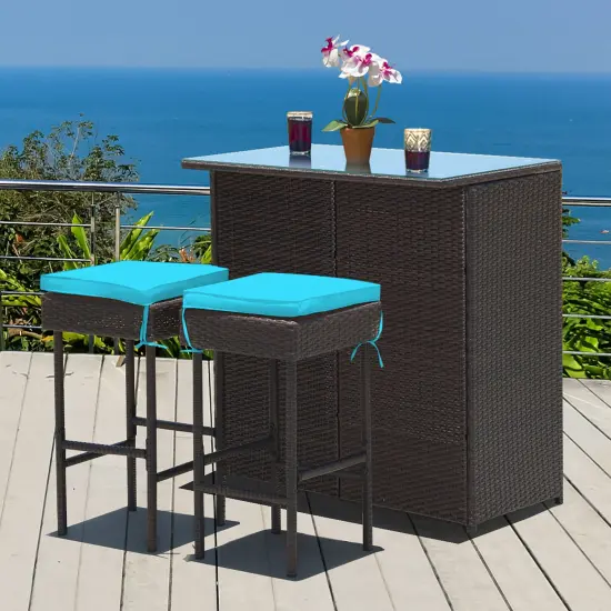 Costway 3PCS Patio Rattan Wicker Bar Table Stools Dining Set Cushioned Chairs Turquoise {4}