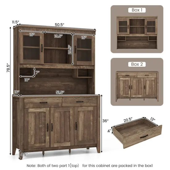 Costway Kitchen Pantry Cabinet with Microwave Countertop Double Glass Doors 2 Drawers {3}