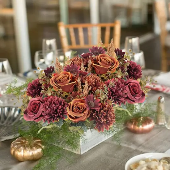 2 Colors Fake Roses Silk Bouquets with Hydrangea Autumn Faux Flowers {5}