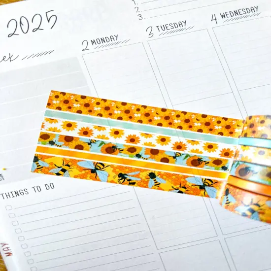 Bees Beehive Sunflowers Yellow Spring Summer Washi Tape Set June 2025 - W133 {5}