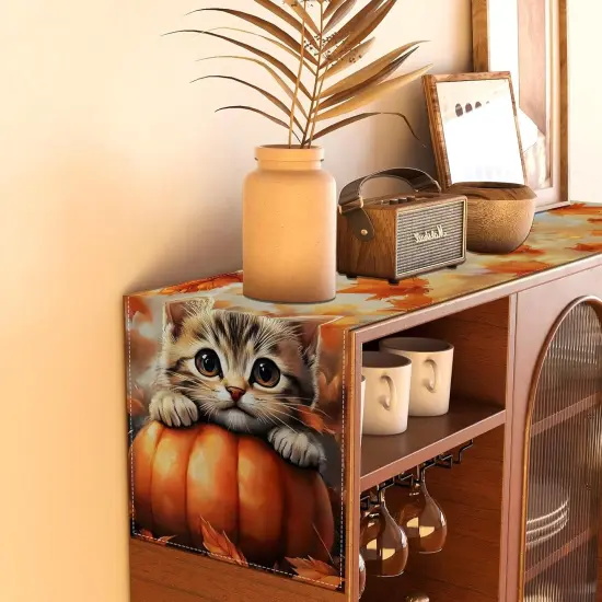 Pumpkin Cat Fall Table Runner,Maple Leaves Autumn Thanksgiving-13&times;72'' {5}