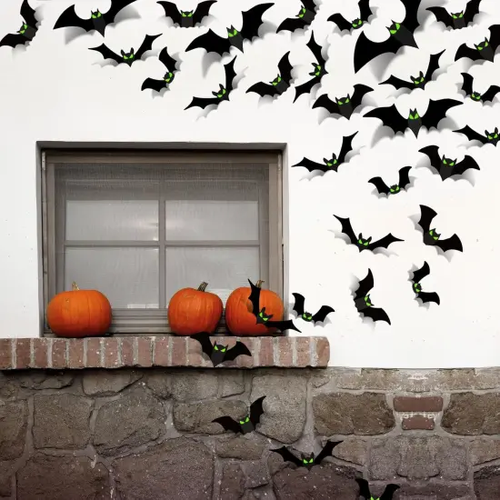 3D Bats Wall Decor with Glow Eyes - 124 Pcs {3}