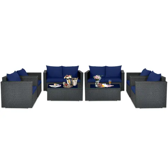 Costway 8 PCS Patio Rattan Furniture Set Cushioned Sofa Chair Coffee Table Blue {2}