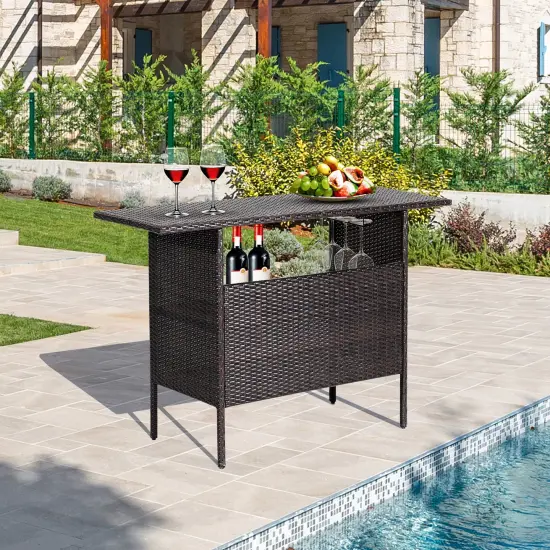 Costway Patio Rattan Wicker Bar Height Counter Table Storage Shelf Rail Garden {3}