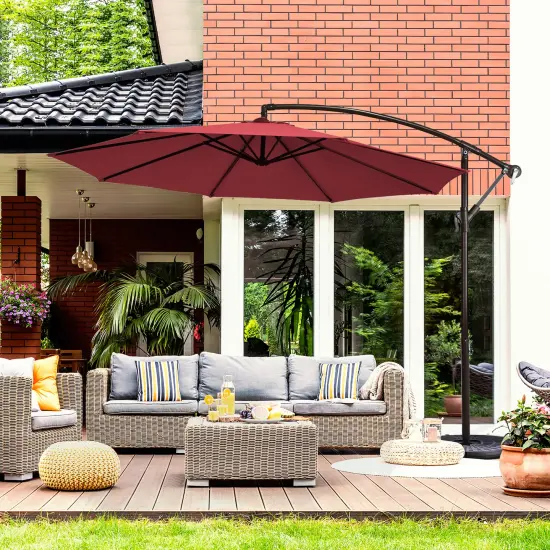 Costway 10FT Patio Offset Hanging Umbrella Easy Tilt Adjustment 8 Ribs Backyard Burgundy\Beige\Tan\Blue {9}