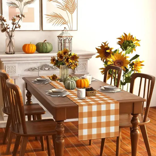 Linen Watercolor Black White Buffalo Check Plaid Table Runner {5}