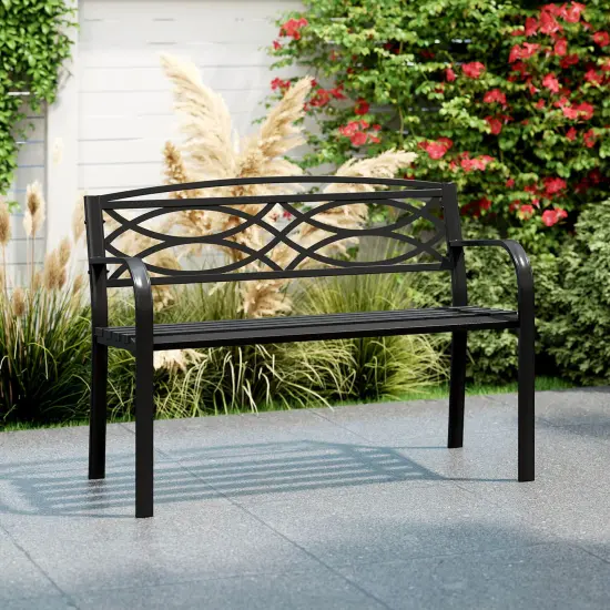 Costway Outdoor Bench 45.5" Patio Garden Bench with Backrest Curved Armrests for Backyard {4}