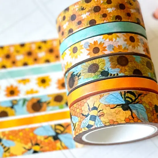 Bees Beehive Sunflowers Yellow Spring Summer Washi Tape Set June 2025 - W133 {1}