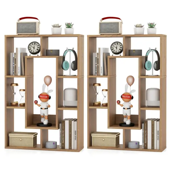 Costway 2 PCS 7-Cube Geometric Bookshelf with Anti-Toppling Device Modern Open Bookcase White/Grey/Natural {9}