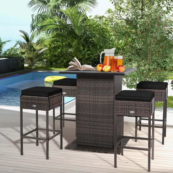 Costway 5PCS Patio Rattan Bar Table Stool Set Hidden Storage Shelf Cushioned {5}