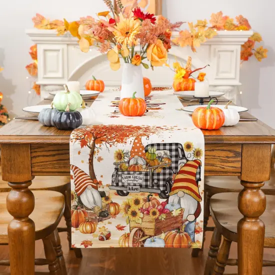 Fall Table Runner, Watercolour Gnome Harvest Truck Pumpkins Runner,13x72 Inch {2}