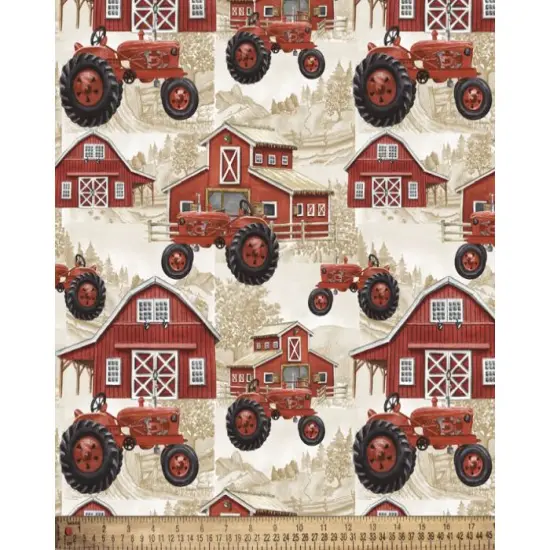 Barns and Tractors Country Cotton Fabric | By the Yard | Sewing and Crafting | 44 inches wide {1}