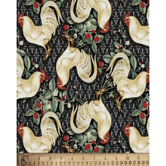 Strawberry Chickens Black Cotton Fabric | By the Yard | Sewing and Crafting | 44 inches wide {1}