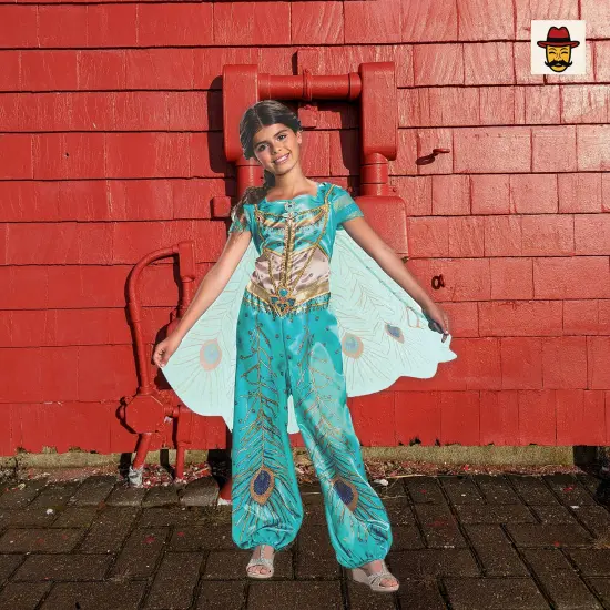 Girls Jasmine Classic Costume, Teal Jumpsuit Glitter Gold Peacock Print {1}