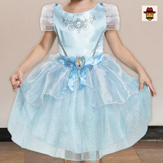 Girls Disney Cinderella Costume Blue Satin Dress Tulle Skirt Character Cameo {4}