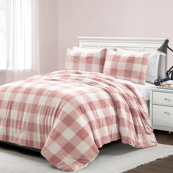 Plush Pink Blush Plaid Faux Fleece Comforter Set Lightweight All-Season Machine Washable {1}