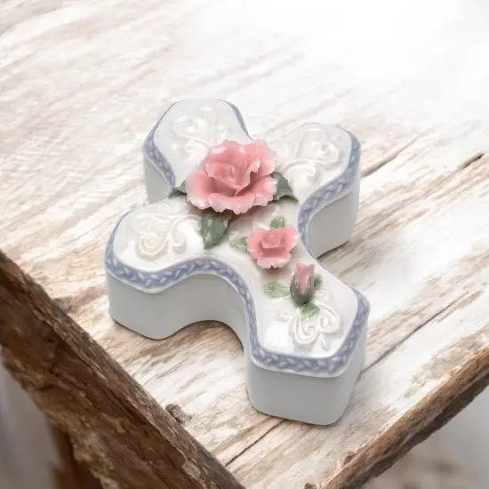 Ceramic Cross Shaped Jewelry Box with Pink Rose Flower, Vanity Decor, Religious Decor or Gift {2}