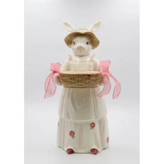 Ceramic Rosy Bunny Rabbit Holding Basket Candy Holder, Easter Decor, Spring Decor, Farmhouse Kitchen Decor {3}