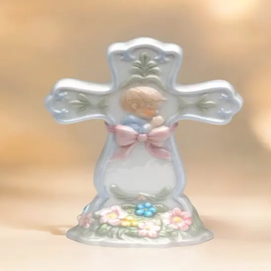 Ceramic Praying Boy Cross Figurine, Religious Gift or Decor, Baptism Gift, Nursery Room Decor {2}