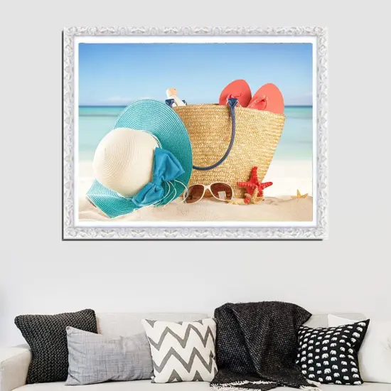 Sea Beach Diamond Painting Kits for Adults,Seaside Landscape Diamond Art,Blue Sky, White Clouds and Sandy Diamond Painting Scenery,Hat and Bag Diamond Painting Wall Decor 12x16in {3}