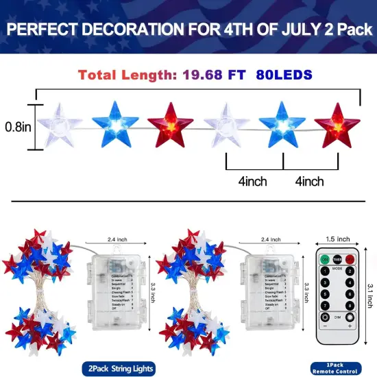 [ 8 Modes & Timer ] 2 Pack Red White and Blue Lights, 20 FT 80 LED 4th of July Lights Remote Battery Operated for Patriotic Memorial Day Independence Fourth of July Decorations {2}