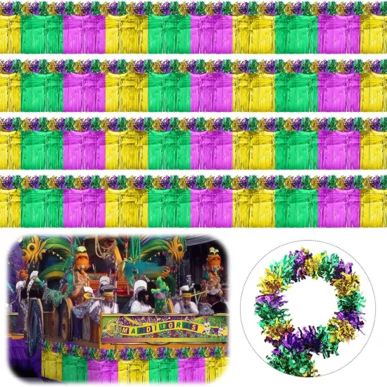 12 Pcs Mardi Gras Wagon Parade Float Decorations Kit Mardi Gras Decor for Trailer Green Gold Carnival Banner Foil Tinsel Garland Golf Cart Decoration for Carnival Party Supplies {2}
