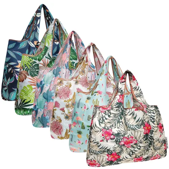 Wrapables Large Foldable Tote Nylon Reusable Grocery Bags, 6 Pack, Tropical Botanical {1}