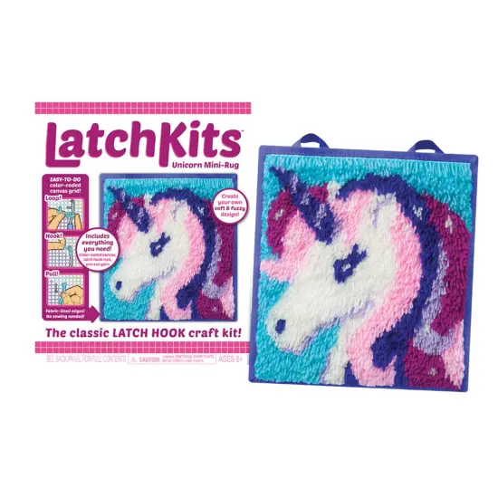 LatchKits Latch Hook Kits for Kids – Kids Crafts, Arts and Crafts, Yarn Art, Wall Hanging & Mini-Rugs, Craft Supplies, Pre-Cut Yarm, Easy Pattern, Hook Included, Arts & Craft, Ages 6+, Unicorn {1}