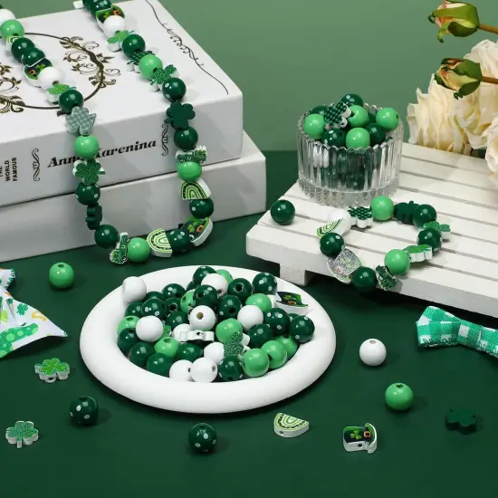 200 Pieces St. Patrick's Day Wood Beads Green Wood Spacer Round Beads St. Patrick's Day Wooden Craft Kits for DIY Crafts Garland Home Party Decor Ornaments (Shamrocks Style) {3}