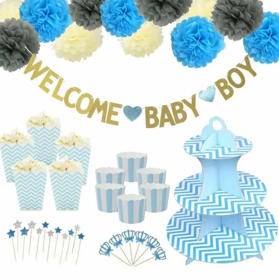 Welcome Baby Cake Toppers Blue Paper Flower Cupcake & Party D&eacute;cor {1}