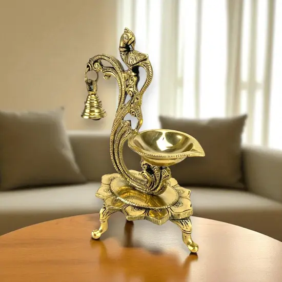 1CT Brass Oil Lamp Diya with Bells Oil Wick Diya for Home Temple Mandir Office Indian Festival Diwali Decoration Kathu Vilakku Puja Diya - Deepawali Housewarming Return Gift {4}