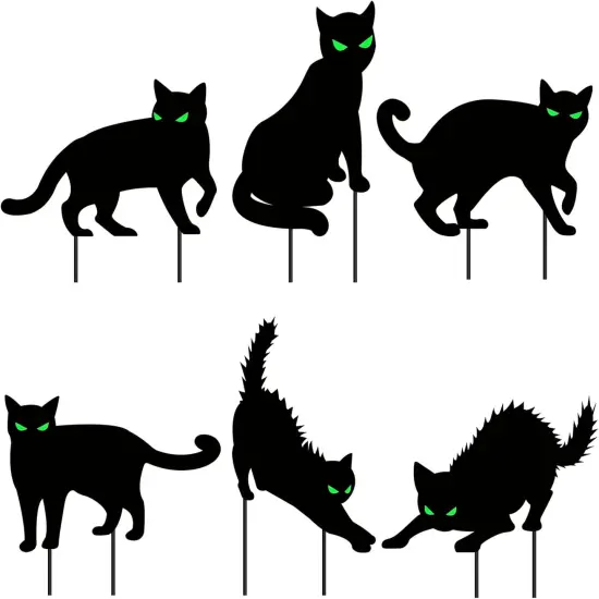 6 PCS Halloween Black Cat Yard Signs with Glow in Dark Eyes {1}