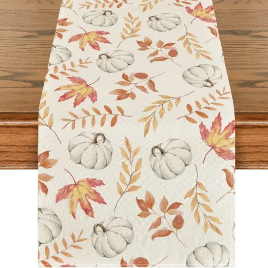 Orange Pumpkins Fall Maple Leaves Fall Table Runner {1}