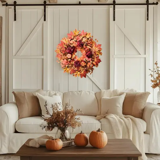 Farmhouse Wreath with Maple Leaves, Pumpkins, Roses {3}