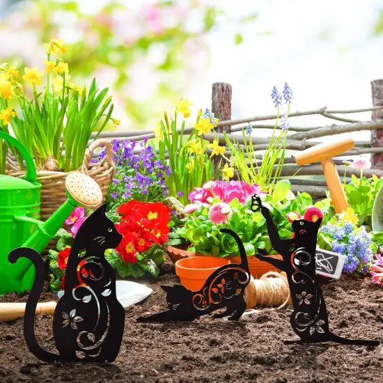 4 Pack Black Cat Silhouette Cute Metal Cat Garden Statues {6}