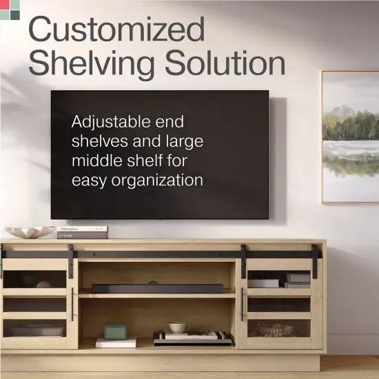 Stead Modern Farmhouse TV Stand, Media Console with Sliding Glass Doors, 58&rdquo; Entertainment Center with Storage, Barn Door TV Stand for Living Room and Bedrooms, Supports 32 to 65" TVs (Light Oak) {7}