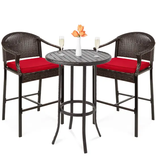 Best Choice Products 3-Piece Outdoor Wicker Bistro Bar Height Set for Patio, Garden w/ Barstools, Steel Frame Brown/Red {1}