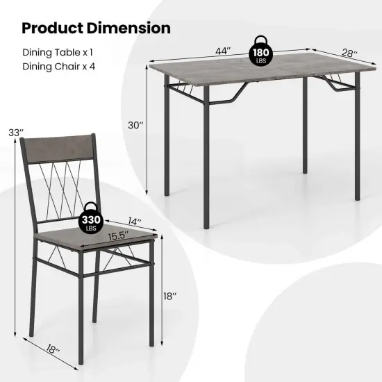 Costway 5PCS Dining Table Set for 4 Rectangular Kitchen Table & 4 Chairs with Metal Frame Cement Gray/Black {3}