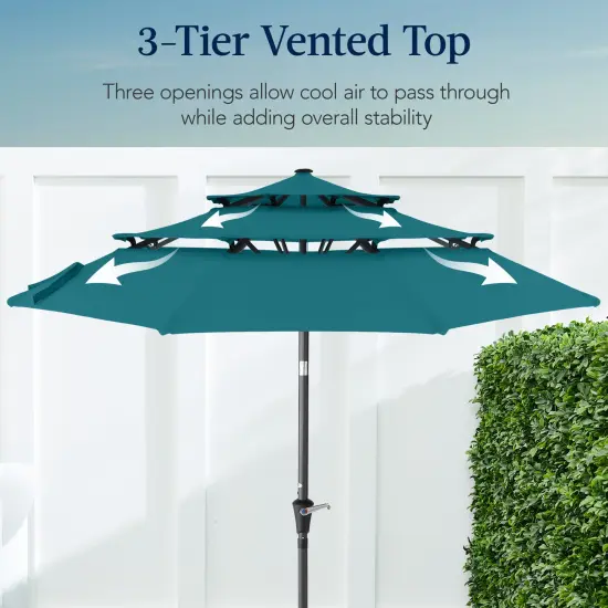 Best Choice Products 10ft 3-Tier Patio Umbrella, Market Sun Shade w/ Tilt Adjustment, Easy Crank Cerulean {3}