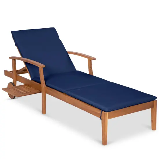 Best Choice Products 79x26in Acacia Wood Outdoor Chaise Lounge Chair w/ Adjustable Backrest, Table, Wheels Navy Blue {1}