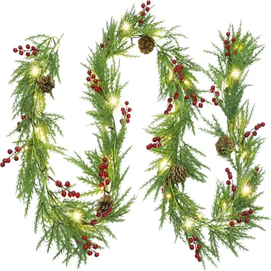 9FT Pre-lit Christmas Garland, 30 LEDs Xmas Lighted Garland with Pinecones {1}